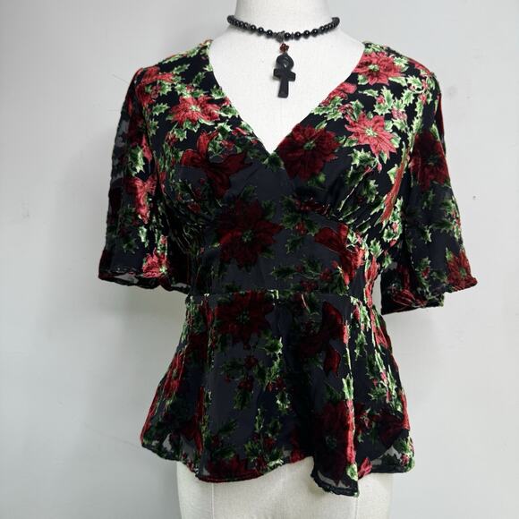 MODCLOTH Velvet Holly Peplum Top Blouse Poinsettia Festive Holiday Party Indie S - Picture 1 of 5